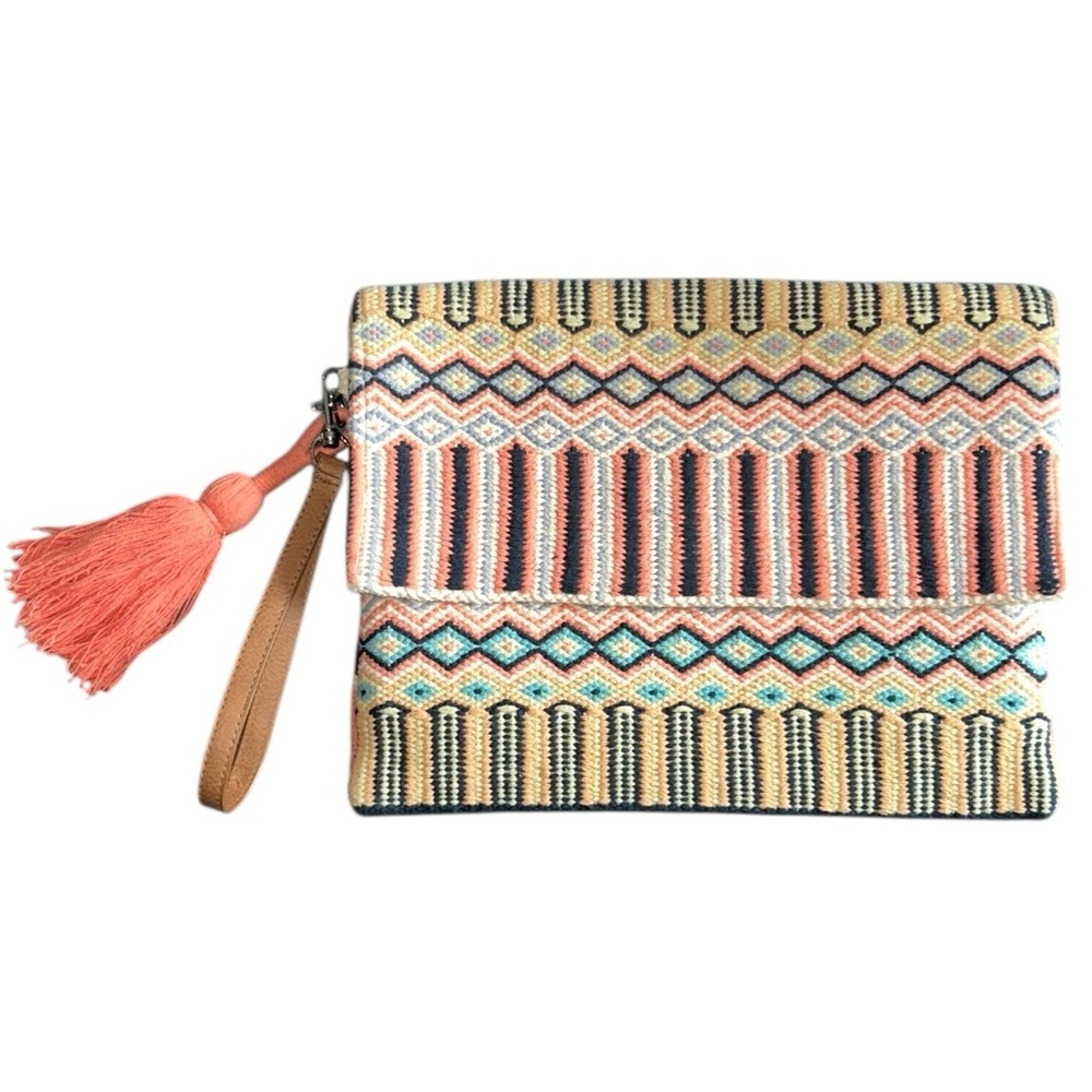 J.Jill Artisanal Grapefruit Woven Jacquard Clutch with Wrist Strap Tassel Accent